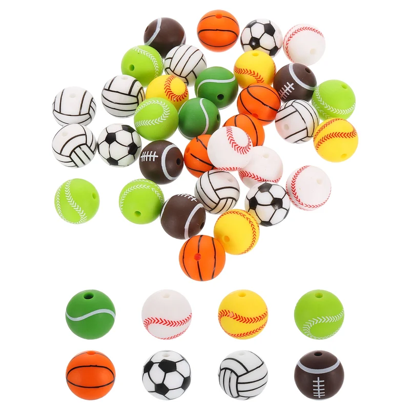 Sports Ball Beads, 48Pcs 15mm Silicone Round Spacer Focal Beads (8 Styles)