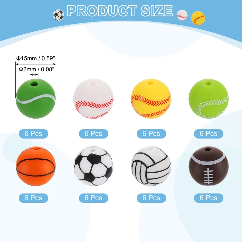 Sports Ball Beads, 48Pcs 15mm Silicone Round Spacer Focal Beads (8 Styles)