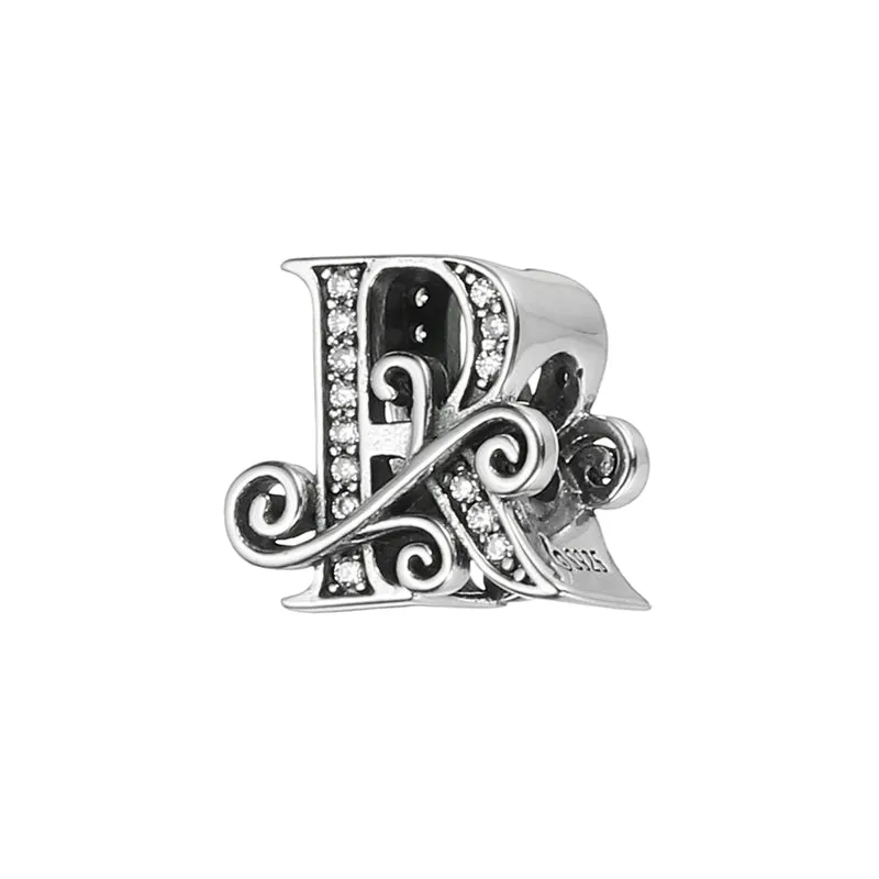 925 Sterling Silver Letter Charm, Alphabet R Letters Bead Charm, Silver Tone