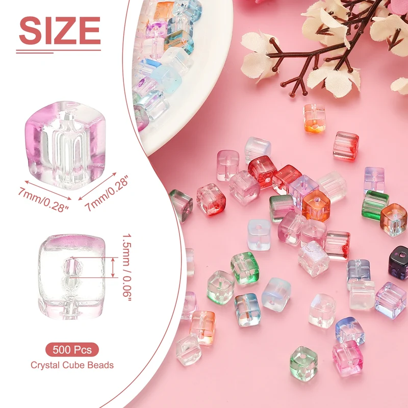500 Pcs Crystal Cube Beads, 7mm Faceted Square Spacer Beads, Pink