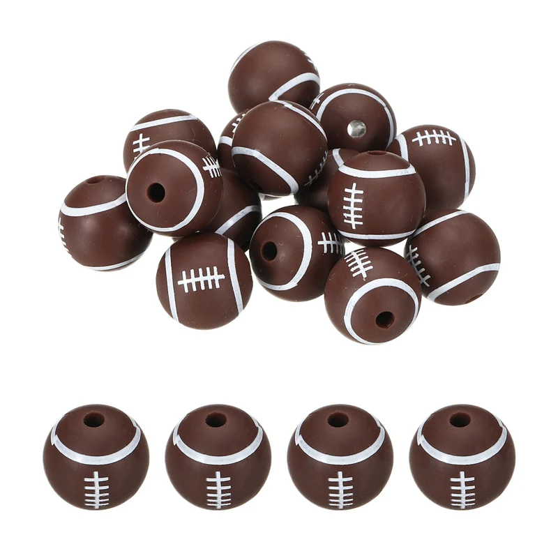 15Pcs Silicone Sports Beads 12mm Ball Shaped Beads Brown Rugby Ball