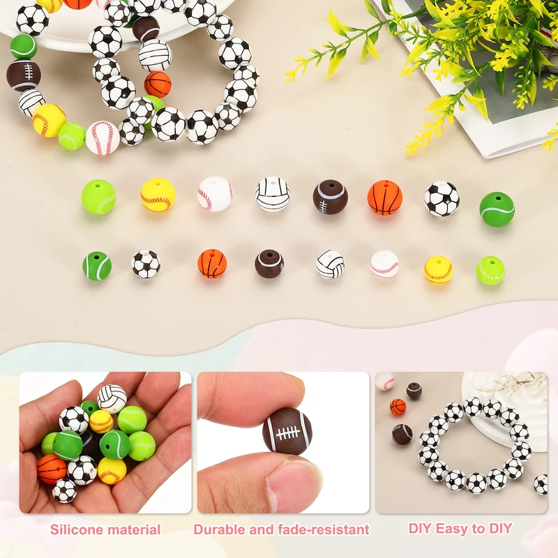 15Pcs Silicone Sports Beads 12mm Ball Shaped Beads Brown Rugby Ball