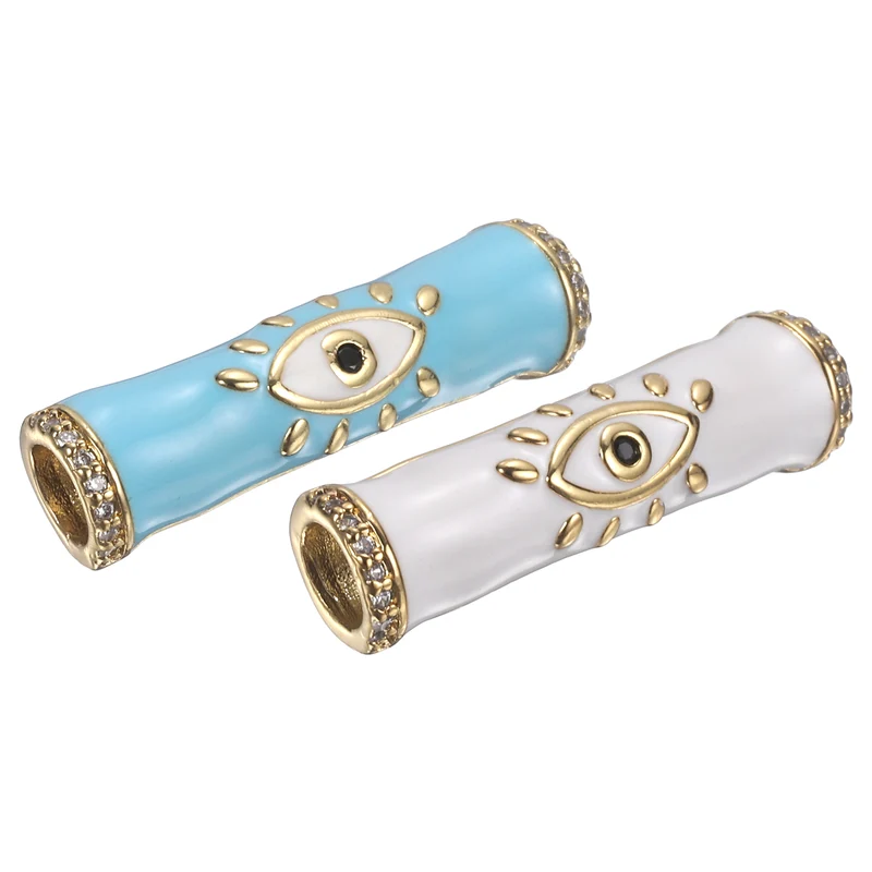 2 Pcs Long Tube Bead, Turkish Evil Eye Spacer, Light Blue/White