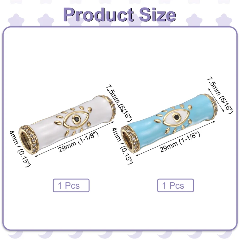 2 Pcs Long Tube Bead, Turkish Evil Eye Spacer, Light Blue/White