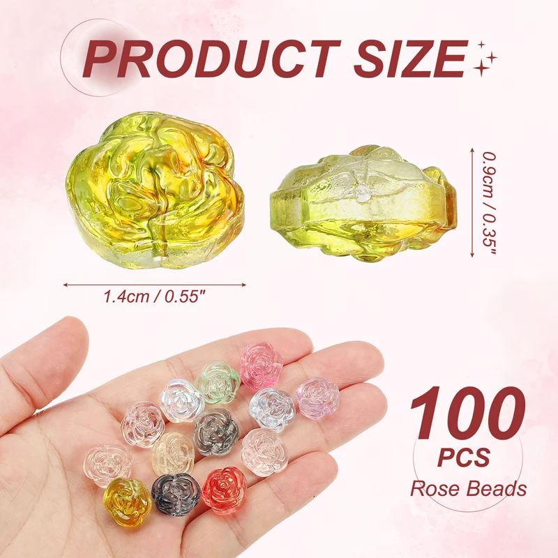 100 Pcs Rose Beads, 0.55" Glass Flower Rose Charm, Yellow