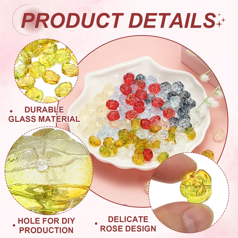 100 Pcs Rose Beads, 0.55" Glass Flower Rose Charm, Yellow