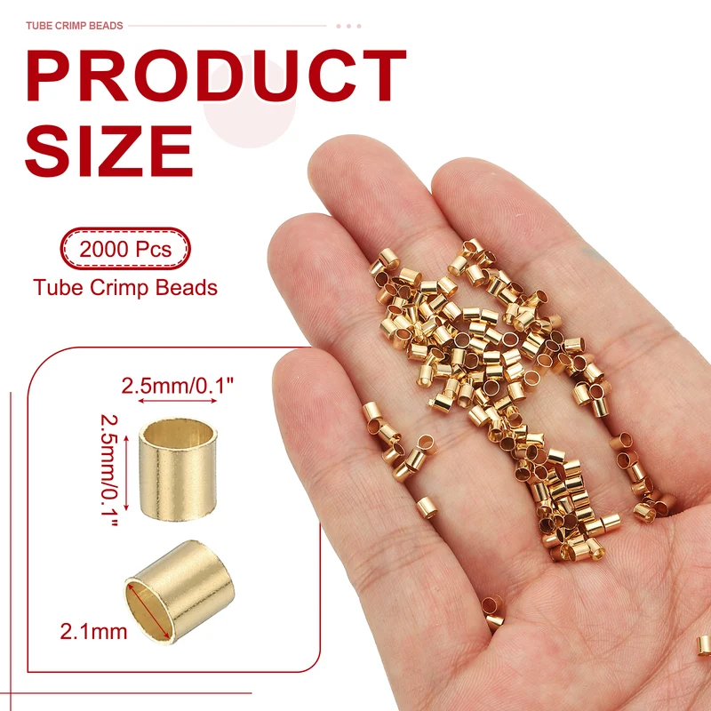 2000 Pcs Tube Crimp Beads, 2.5x2.5mm Crimp Beads for Jewelry Making, Light Gold