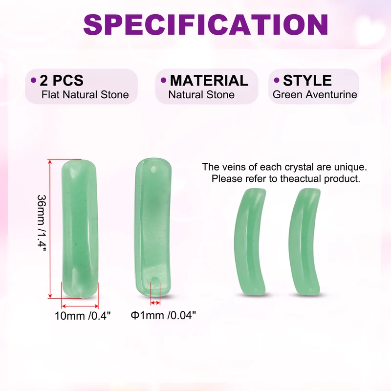 2 Pcs Natural Stone, 36 x 10 mm Natural Curved Clear Quartz Stone Crystal Handmade Jade Flat Beads for DIY Crafting, Green Aventurine