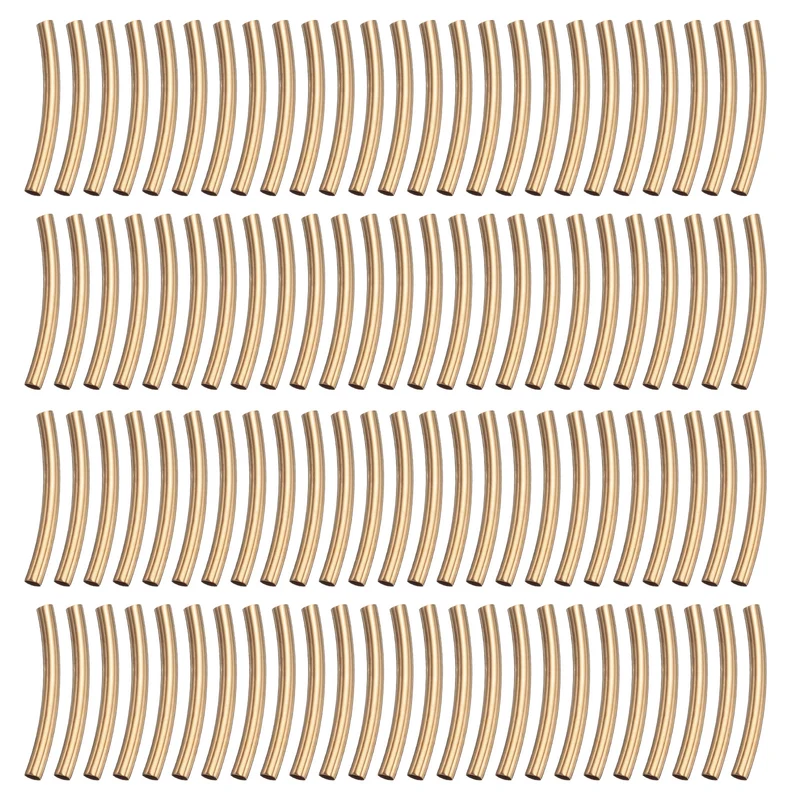 100 Pcs Tube Beads, 2x20mm Curved Noodle Beads for Jewelry Making, Light Gold