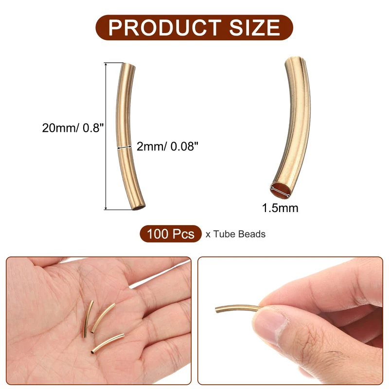 100 Pcs Tube Beads, 2x20mm Curved Noodle Beads for Jewelry Making, Light Gold