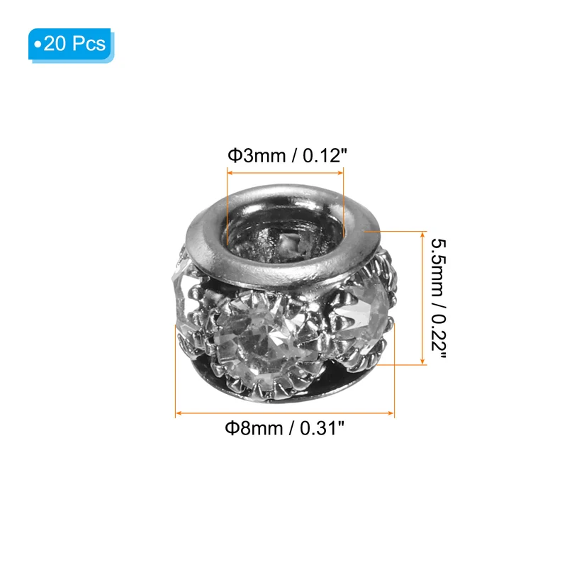20Pcs 8mm Rhinestone European Beads Large Hole Crystal Beads Dark Gray