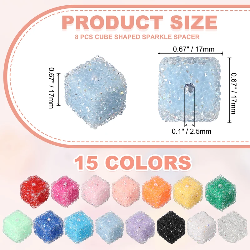 8 Pcs Square Rhinestone Beads for Pens, 17mm Sugar Beads for DIY, Light Blue