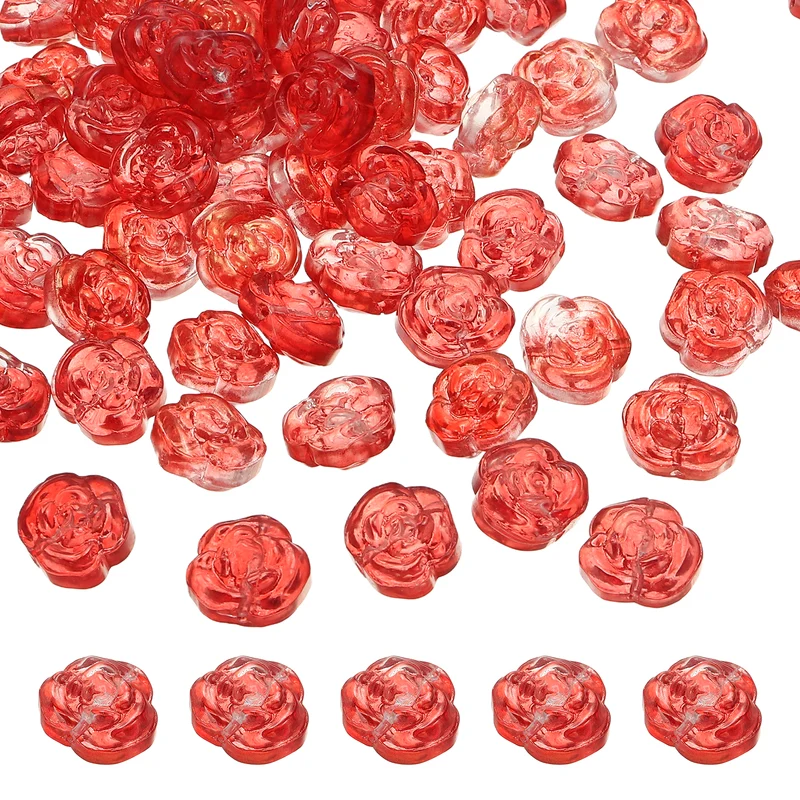 100 Pcs Rose Beads, 0.55" Glass Flower Rose Charm, Red