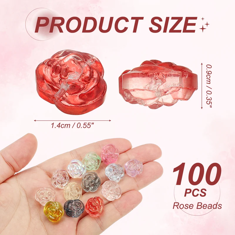 100 Pcs Rose Beads, 0.55" Glass Flower Rose Charm, Red