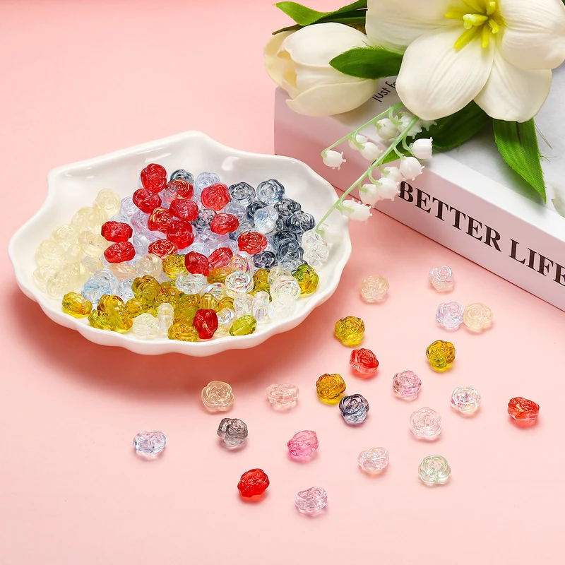 100 Pcs Rose Beads, 0.55" Glass Flower Rose Charm, Red