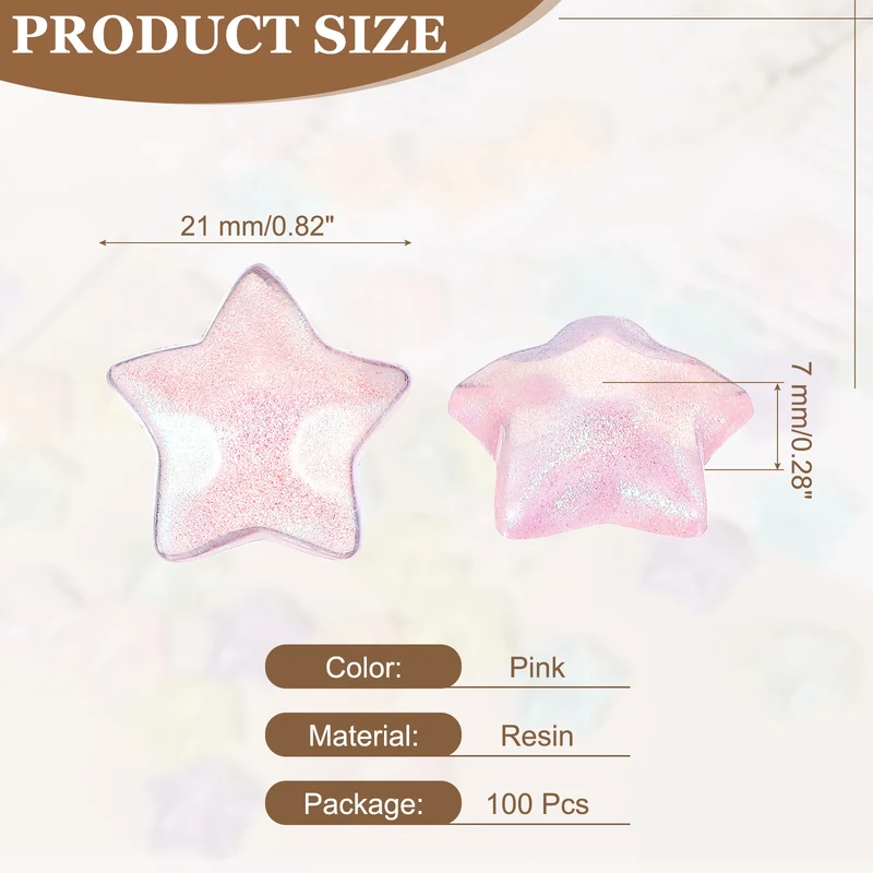 100 Pcs Flat Back Resin Star Beads, Glitter Star Charm, Pink