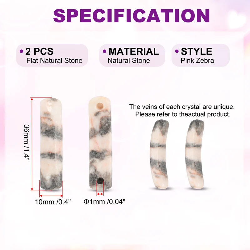 2 Pcs Natural Stone, 36 x 10 mm Natural Curved Clear Quartz Stone Crystal Handmade Jade Flat Beads for DIY Crafting, Pink Zebra