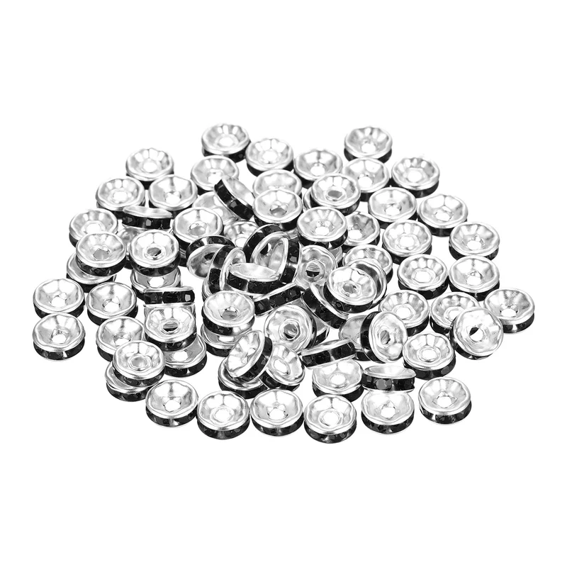 80Pcs 8mm Silver Plated Rhinestone Rondelle Spacer Beads, Black