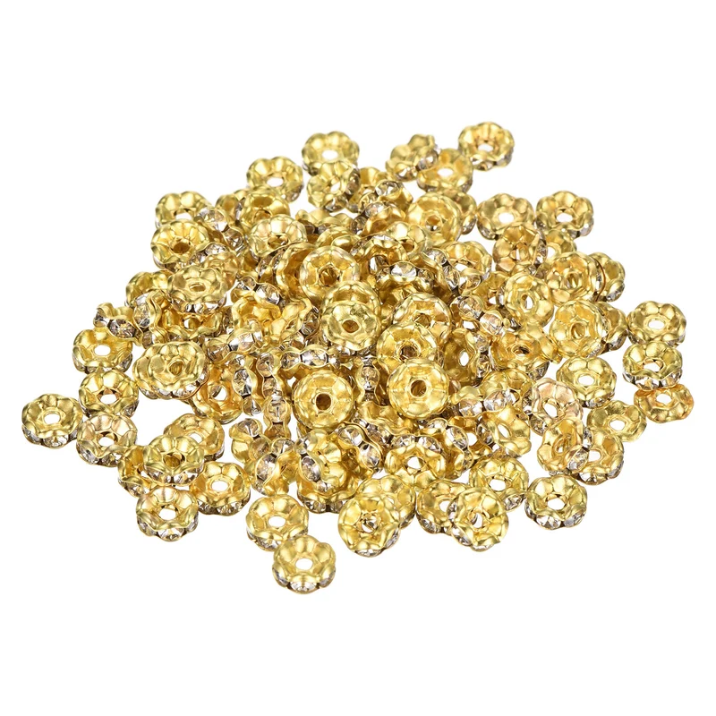 120Pcs 6mm Silver Plated Wavy Rhinestone Rondelle Spacer Beads, Gold