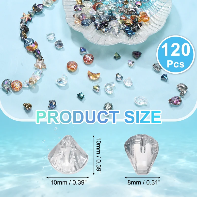 120Pcs Shell Glass Beads, Electroplate Glass Shell Bead Charm, Light Blue Gray