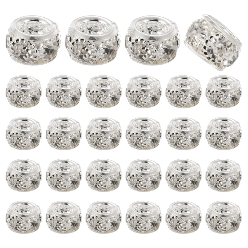 40Pcs 8mm Large Hole Rhinestone Beads European Bulk Bead Bright Silver
