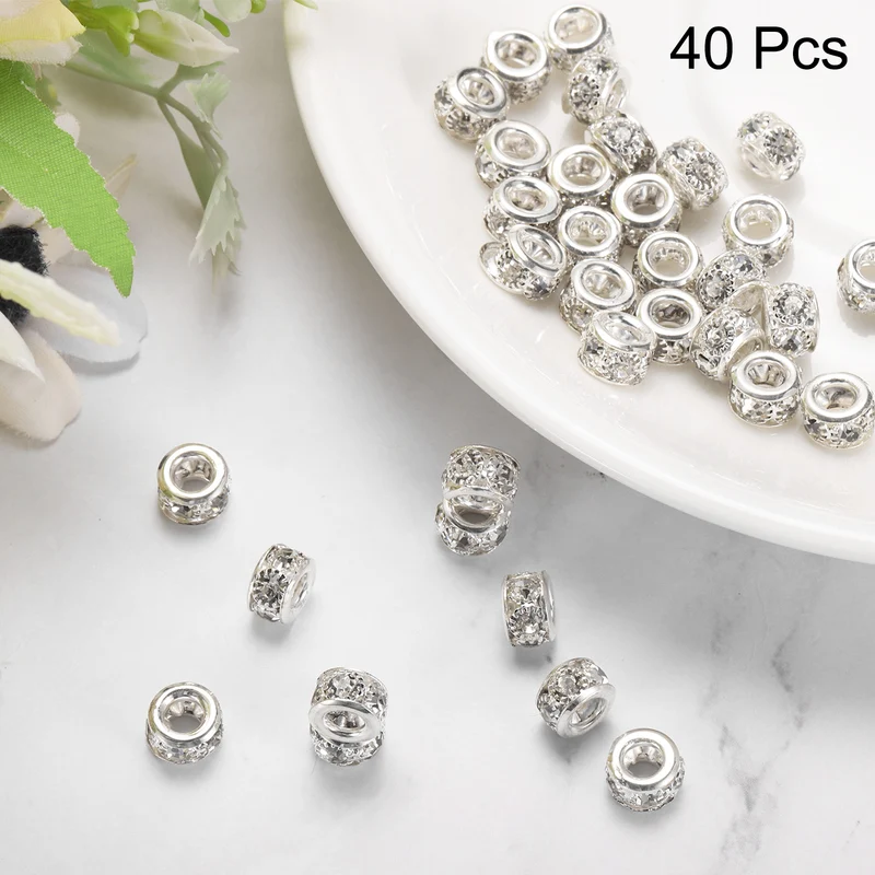 40Pcs 8mm Large Hole Rhinestone Beads European Bulk Bead Bright Silver