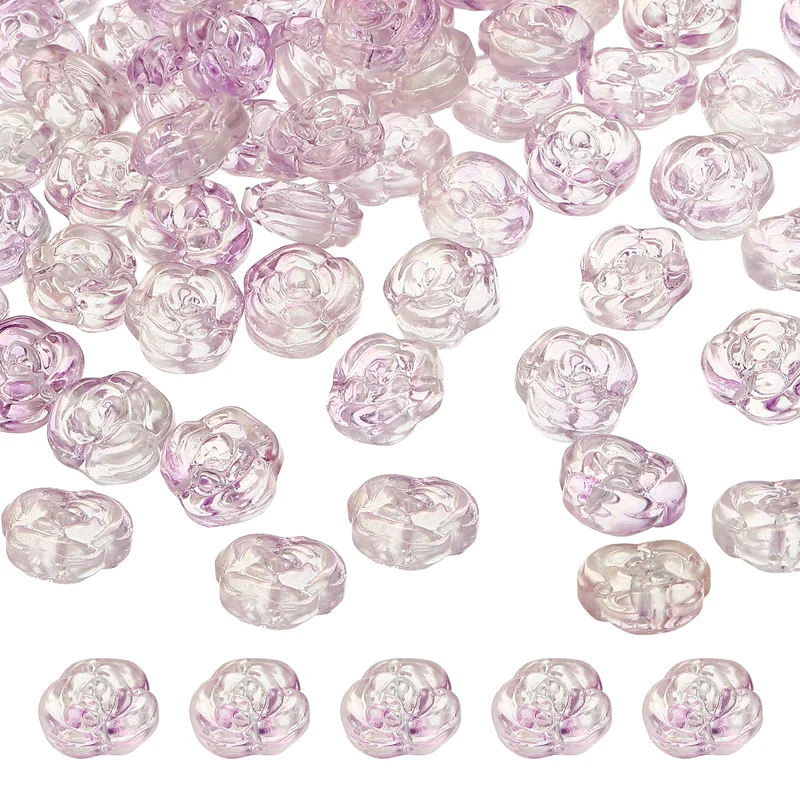 100 Pcs Rose Beads, 0.55" Glass Flower Rose Charm, Light Purple