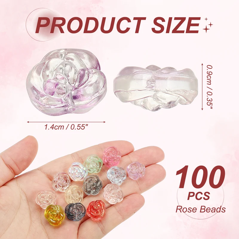 100 Pcs Rose Beads, 0.55" Glass Flower Rose Charm, Light Purple