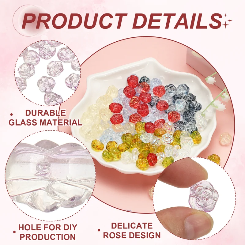 100 Pcs Rose Beads, 0.55" Glass Flower Rose Charm, Light Purple