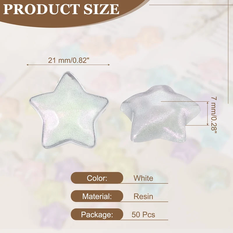 50 Pcs Flat Back Resin Star Beads, Glitter Star Charm, White