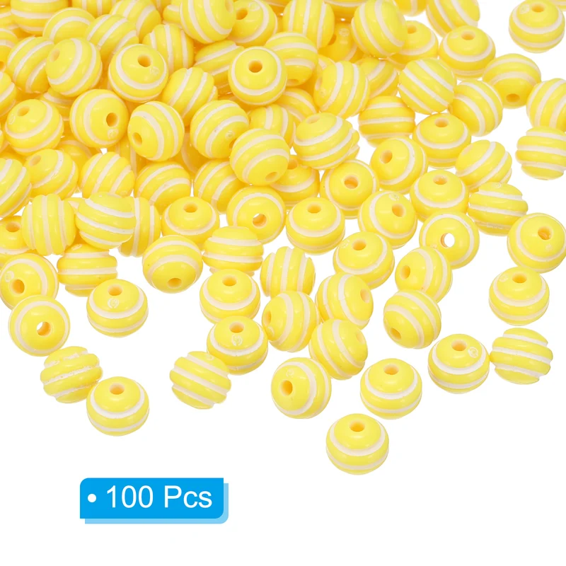 8mm Round Acrylic Rainbow Strip Beads for Jewelry, 100 Pcs, Yellow and White