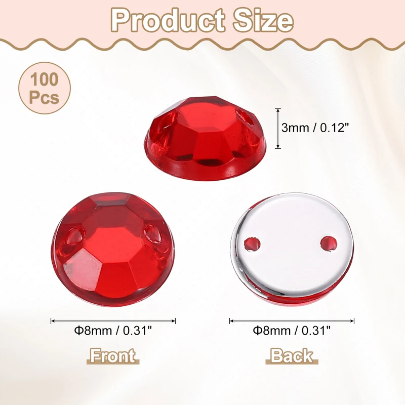 100Pcs Flat Back Sew on Rhinestones Beads 8mm Crystal Round Gems Red
