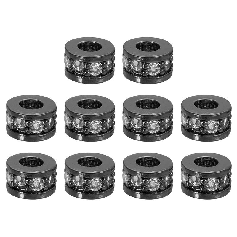 Round Ring Charm Spacer Bead, 10Pcs 6mm Zircon Pave Bead(White - Metallic Black)