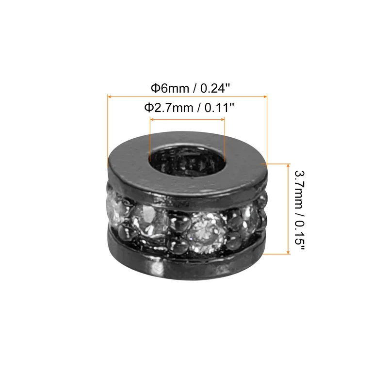 Round Ring Charm Spacer Bead, 10Pcs 6mm Zircon Pave Bead(White - Metallic Black)
