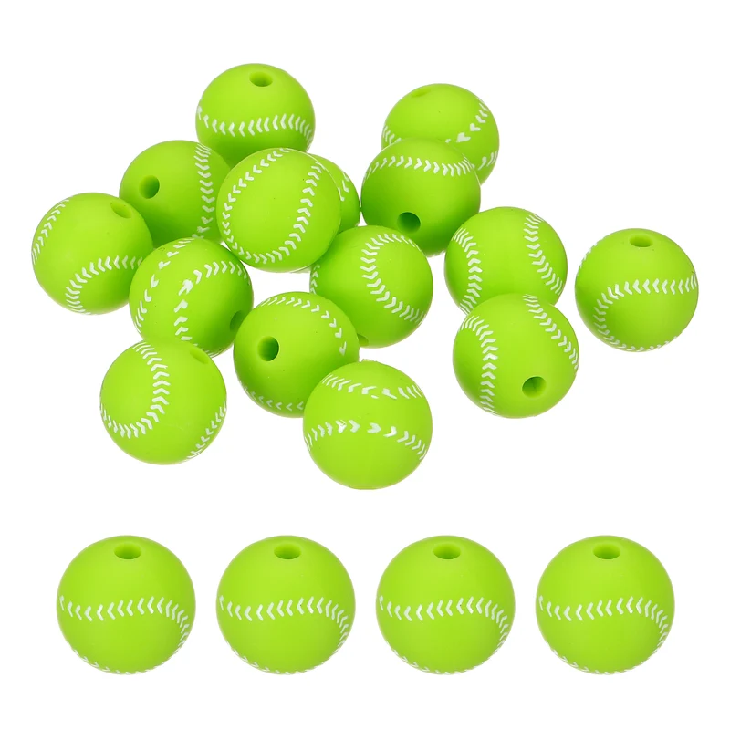 15 Pcs Silicone Sports Beads, 12mm Ball Shaped Beads, Green Baseball