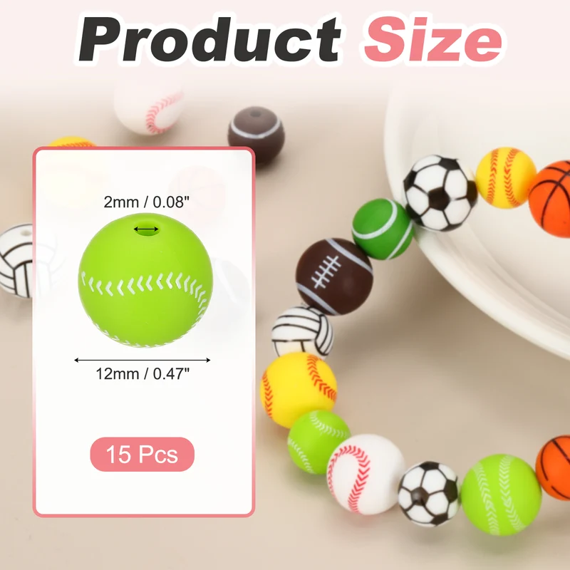 15 Pcs Silicone Sports Beads, 12mm Ball Shaped Beads, Green Baseball
