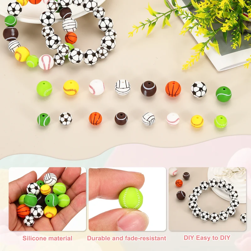 15 Pcs Silicone Sports Beads, 12mm Ball Shaped Beads, Green Baseball