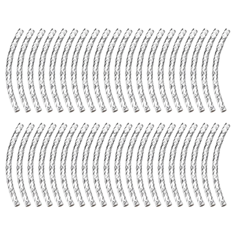 40Pcs Brass Curved Tube Beads 2x30mm Plating Noodles Spacer Bead Silver White