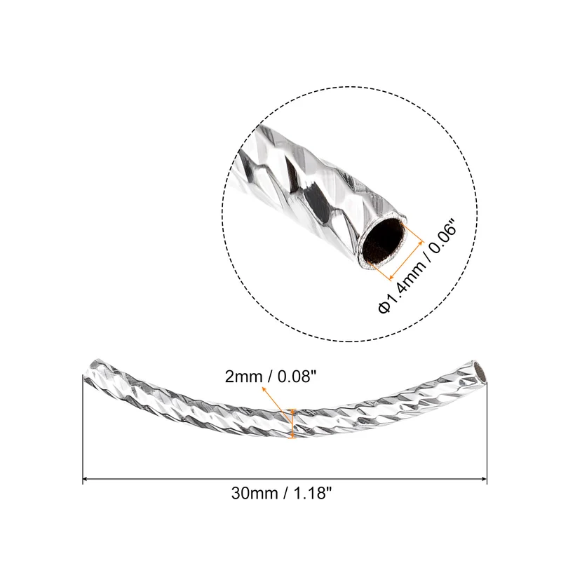 40Pcs Brass Curved Tube Beads 2x30mm Plating Noodles Spacer Bead Silver White