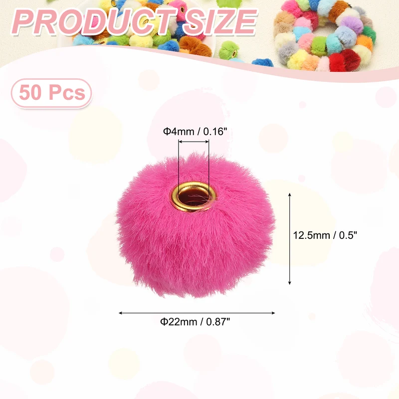 50Pcs Pom Pom Beads, Faux Fur Fuzzy Spacers Bead with 4mm Hole, Rose Red