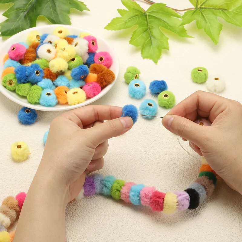 50Pcs Pom Pom Beads, Faux Fur Fuzzy Spacers Bead with 4mm Hole, Rose Red