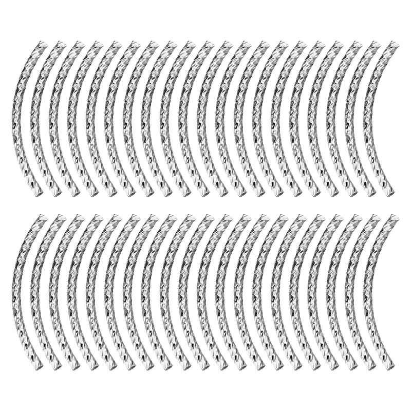 40Pcs Brass Curved Tube Beads 2x35mm Plating Noodles Spacer Bead Silver Tone