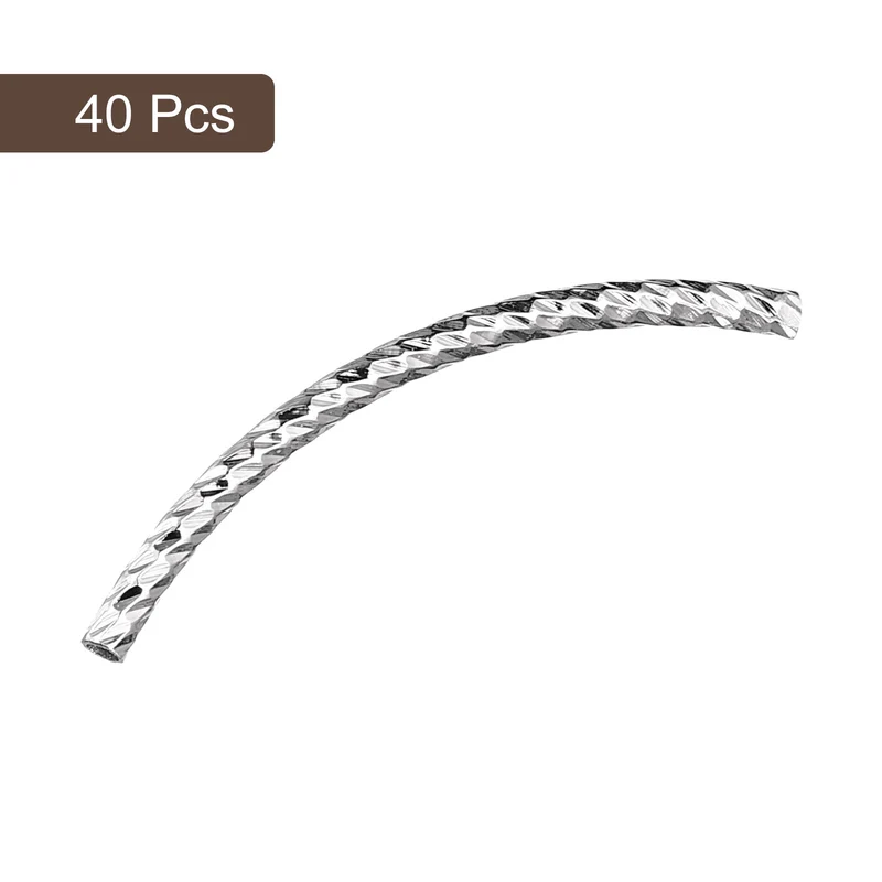 40Pcs Brass Curved Tube Beads 2x35mm Plating Noodles Spacer Bead Silver Tone