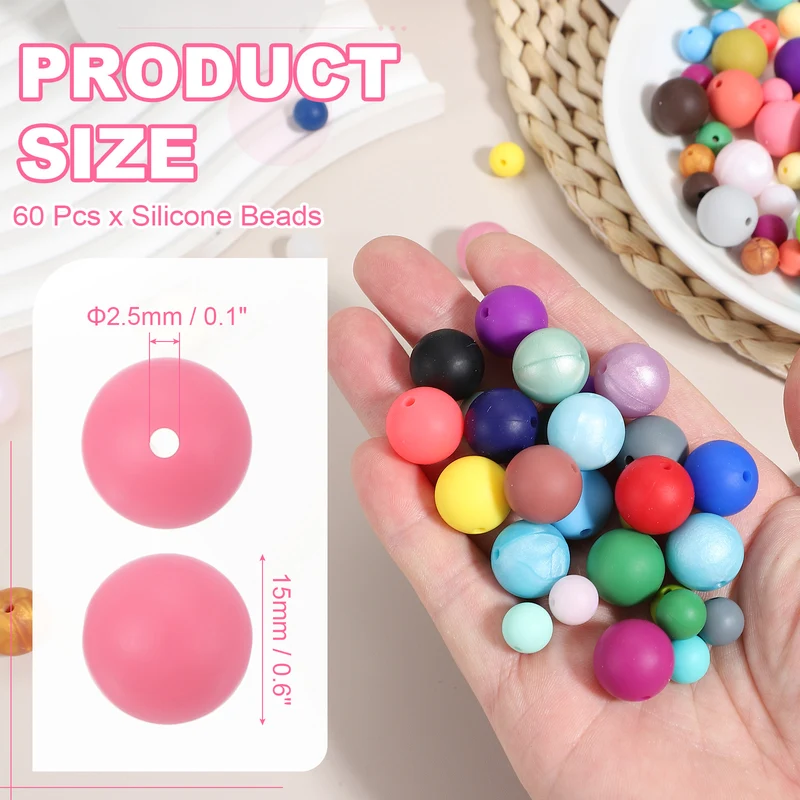 60 Pcs Silicone Beads, 15mm Bulk Beads for Keychain Making, Matte Pink