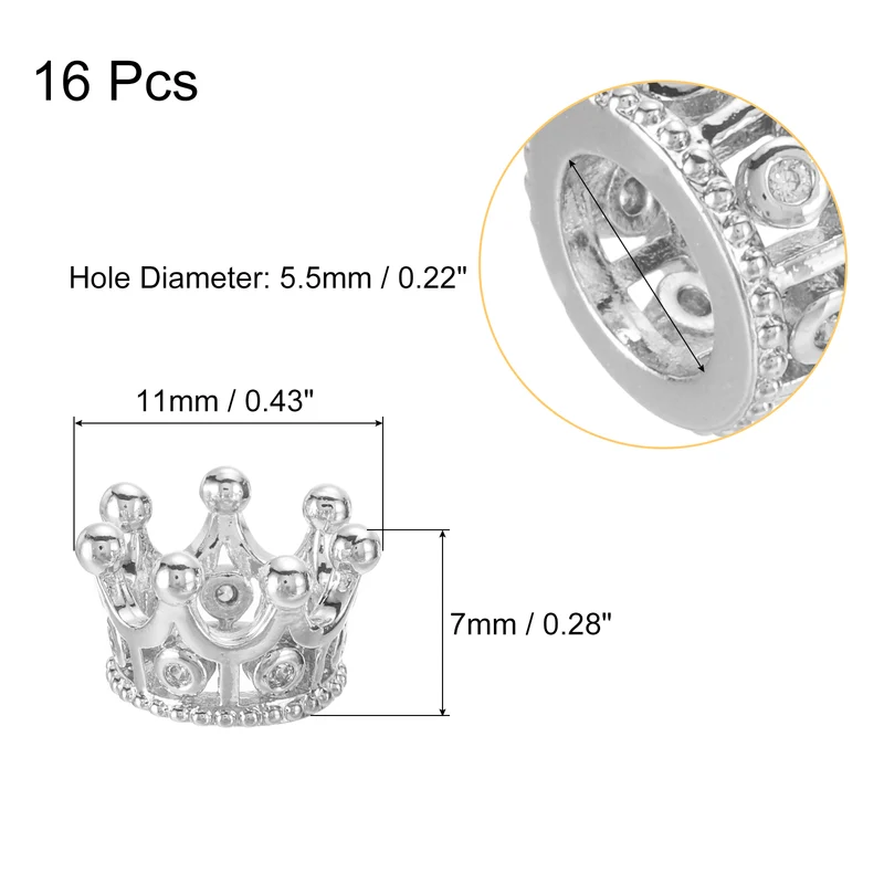 Crown Charm Spacer Beads, 16Pcs 11x7mm Zircon Pave Beads (White Golden)