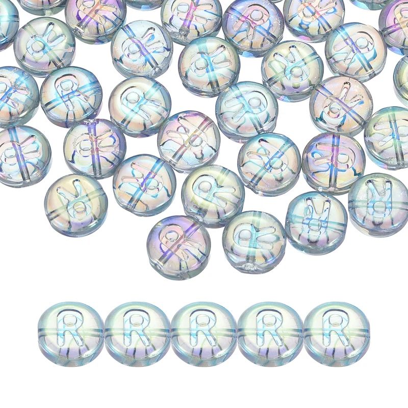 60Pcs Glass Letter Beads, 10mm R Initial Letter Spacer Beads, Blue Green