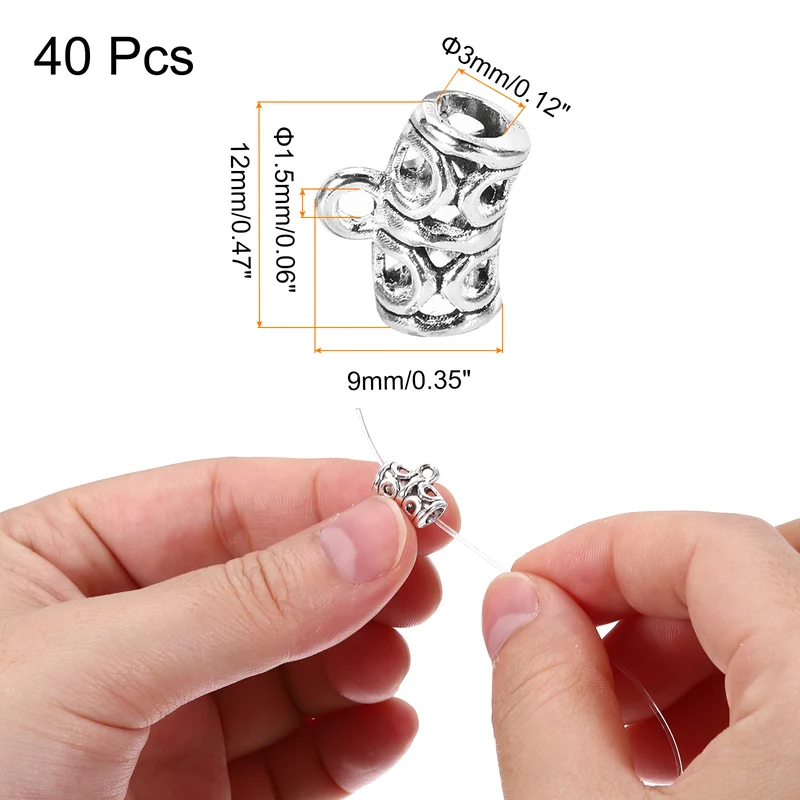 Spacer Bail Bead, 40 Pcs Spacer Beads Charms Holder Bracelet Tube Beads Hanger for Necklace Jewelry DIY Making, Vintage Silver