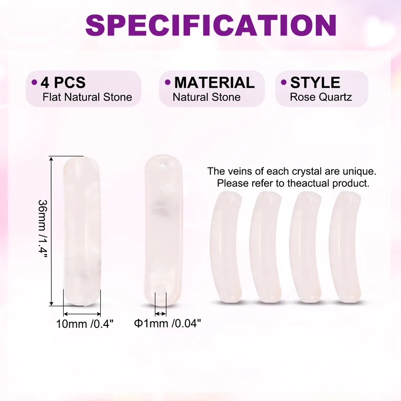 4 Pcs Natural Stone, 36 x 10 mm Natural Curved Clear Quartz Stone Crystal Handmade Jade Flat Beads for DIY Crafting, Rose Quartz