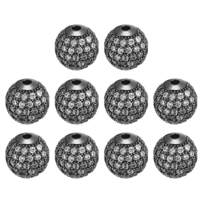 Charm Rhinestone Beads, 10Pcs 8mm Round Zircon Pave Beads (Metallic Black+White)