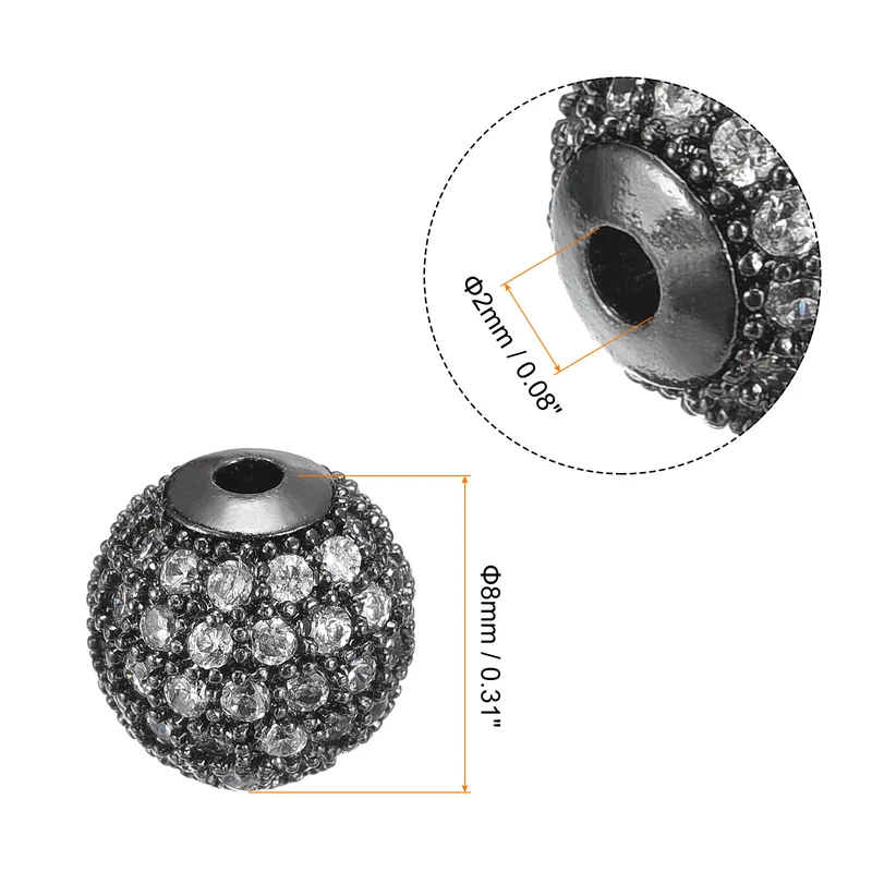 Charm Rhinestone Beads, 10Pcs 8mm Round Zircon Pave Beads (Metallic Black+White)